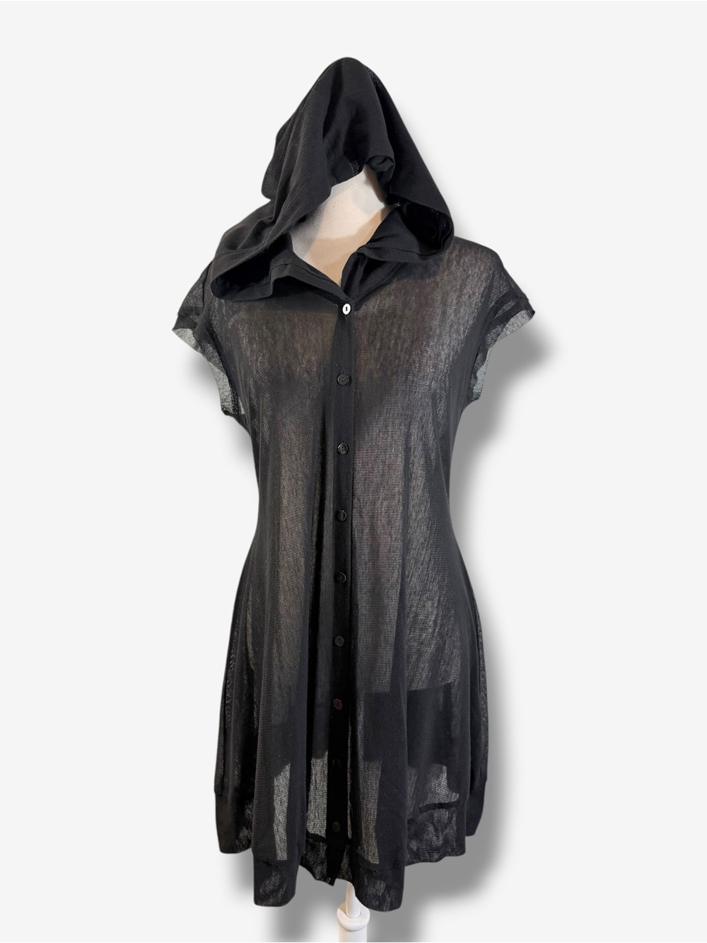 Lilith Paris Black Sheer Mesh Hooded Dress S Button Front Avant Garde Goth